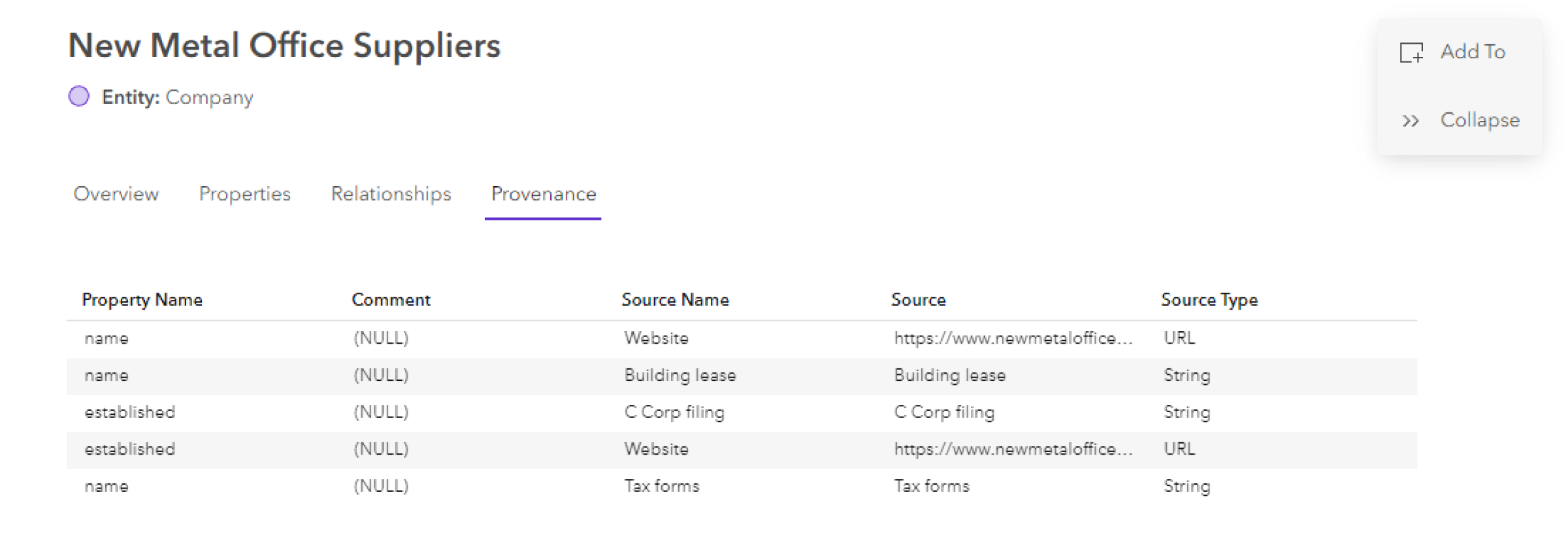 Entity provenance tab Entity provenance tab